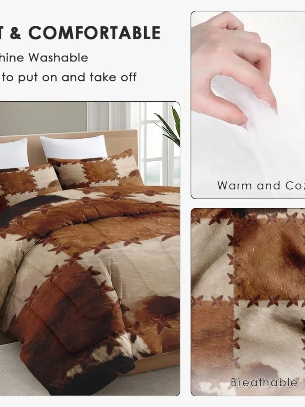 Queen Size Comforter Set with 2 Pillowcases, Retro Vintage Rustic Cow Print Soft